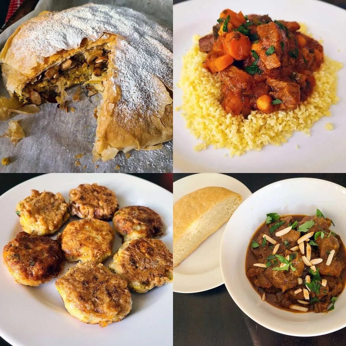 Assortiment de plats marocains faits maison : pastilla, tajine et pain